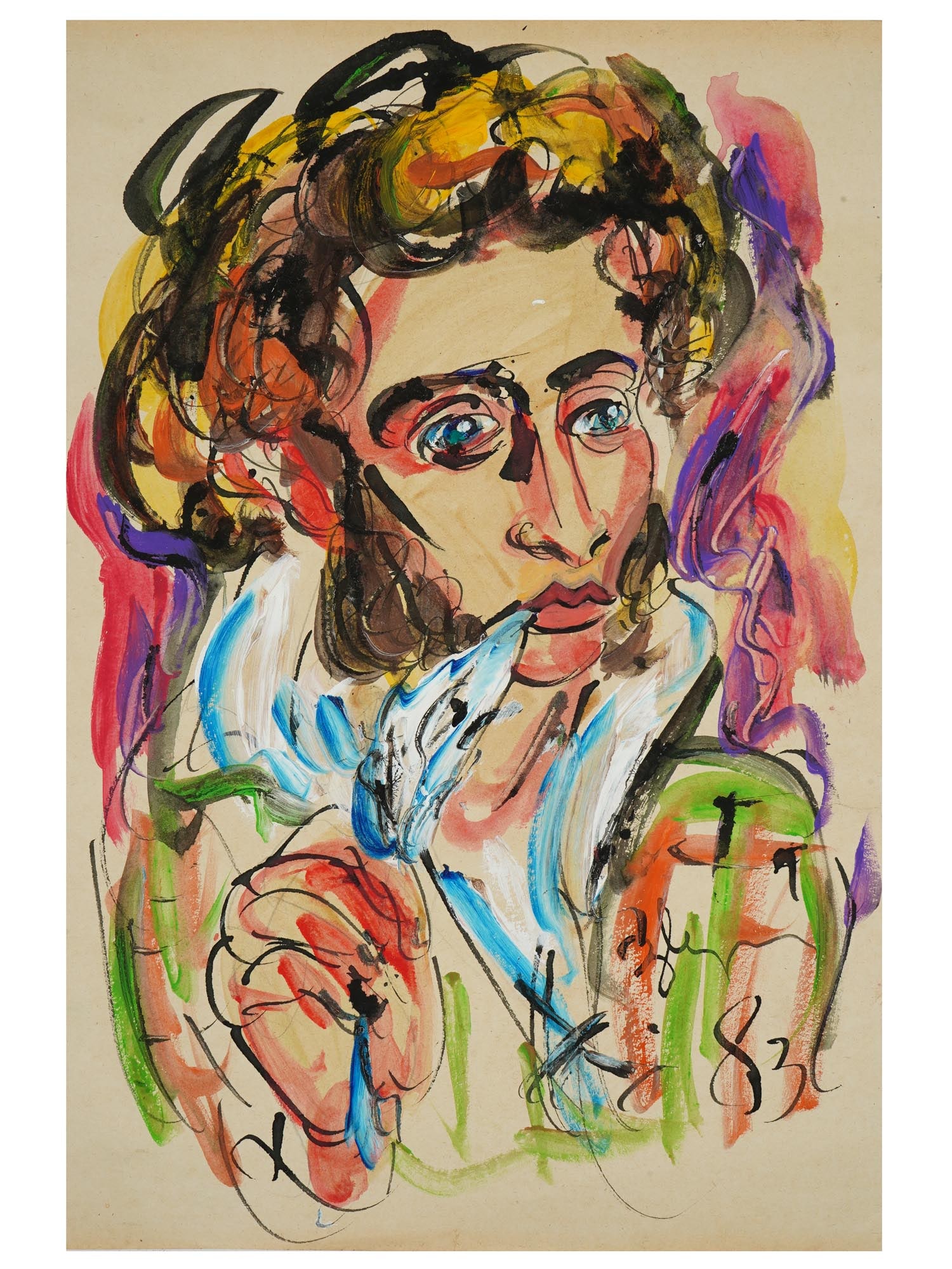 RUSSIAN PORTRAIT PAINTING BY ANATOLY ZVEREV: A mixed media on paper painting depicting a portrait of Alexander Pushkin by Anatoly Timofeivich Zverev, Russian Soviet, 1931 to 1986. Signed with initials and dated 1983. Anatoly Zverev, a Nonconform