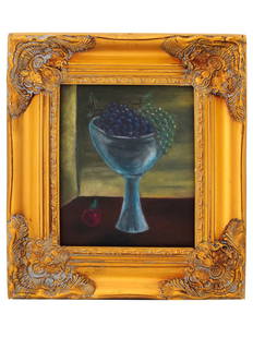 GERTRUDE ABERCROMBIE STILL LIFE OIL PAINTING 1970: An oil painting on masonite by Gertrude Abercrombie. The painting is a still life with two bunches of grapes in a tall vase created in the style of Magical Realism. This piece not only has