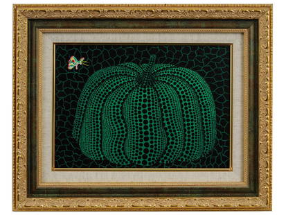 JAPANESE GREEN PUMPKIN OIL PAINTING BY YAYOI KUSAMA: Yayoi Kusama, Japanese, American, born 1929, oil painting on canvas, Green Pumpkin, 2000. Signed, titled, and dated, on the backside. Framed. Provenance: Morning Star eArt Group, Cary, NC, United Stat