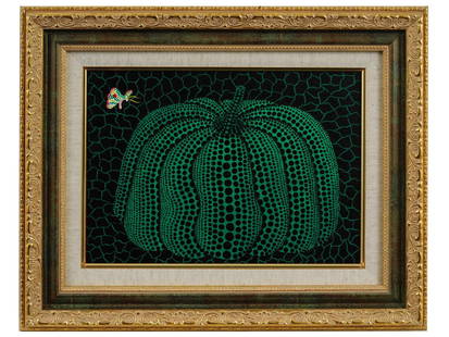 JAPANESE GREEN PUMPKIN OIL PAINTING BY YAYOI KUSAMA: Yayoi Kusama, Japanese, American, born 1929, oil painting on canvas, Green Pumpkin, 2000. Signed, titled, and dated, on the backside. Framed. Provenance: Morning Star eArt Group, Cary, NC, United