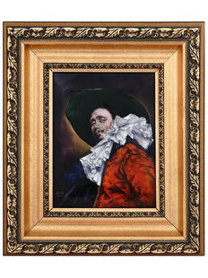 FRENCH LIMOGES ENAMEL PAINTING BY ALEXANDRE MARTY: Painting on enameled porcelain plaque by Alexandre Marty, 1876 to 1943, a French artist who worked with Camille Faure in Limoges from 1919. The artwork depicts a portrait of a noble man in red robe