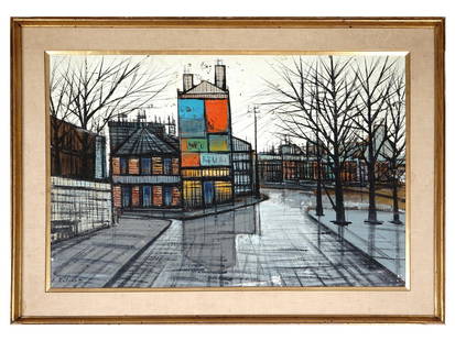 AFTER BUFFET MODERNIST OIL PAINTING VIEW OF PARIS: Oil on canvas painting representing a street view of Paris. After Bernard Buffet, 1928 to 1999, a French Expressionist painter famous for his Parisian cityscapes. Signed in the lower left. Golden