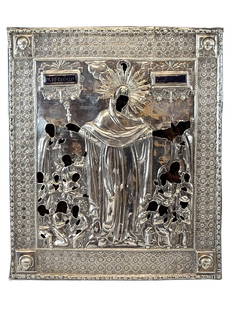 ANTIQUE RUSSIAN SILVER ICON LADY JOY TO ALL SORROW: An early 19th century antique Russian Orthodox icon of Mother of God of Joy to All Who Sorrow. The icon depicts the Theotokos in a specific manner, standing beneath her Son, who is in Heaven as a