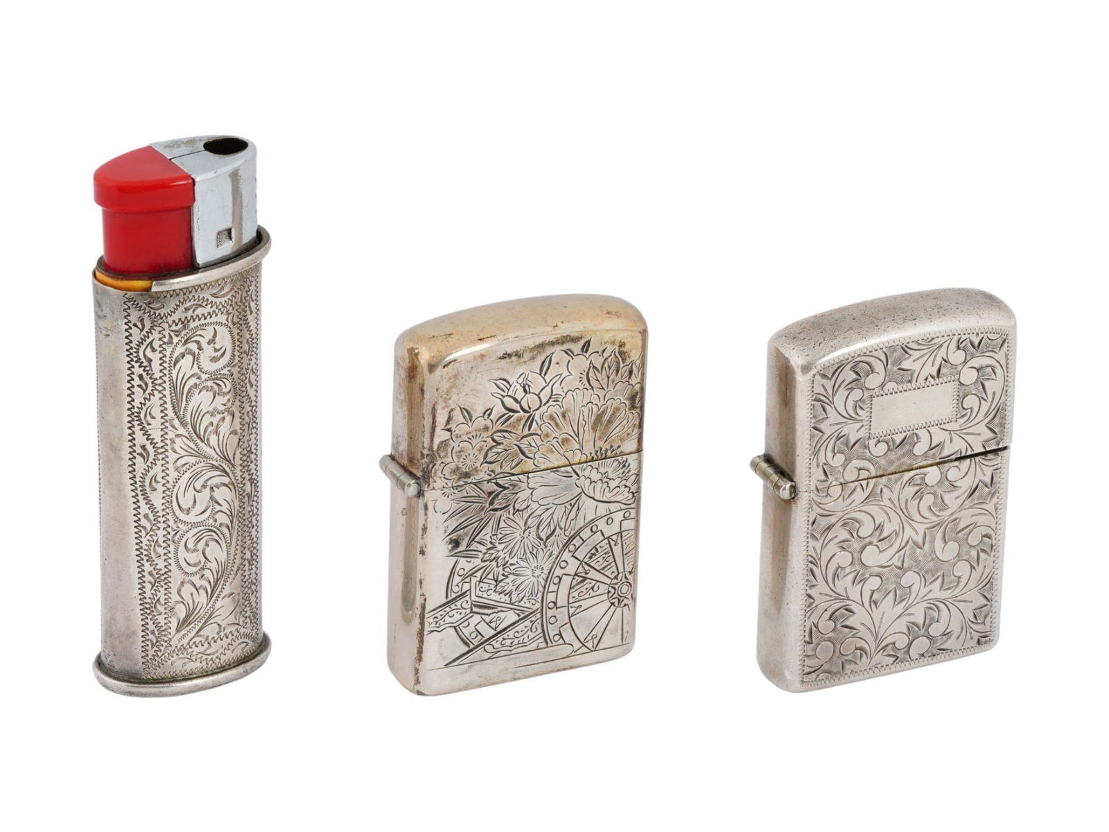 VINTAGE ENGRAVED SILVER LIGHTERS AND LIGHTER CASE (1 of 9)