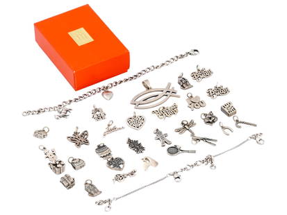 JAMES AVERY STERLING SILVER CHARMS AND BRACELETS: A set of James Avery sterling silver charms and charm bracelets a total of 32 pieces. Each piece has a manufacturers mark on the back. The design comes from Texas based family owned and operated jewel