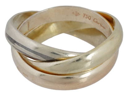 VINTAGE CARTIER 18K GOLD TRICOLOR TRINITY RING: A vintage 18K gold tricolor Trinity ring representing an iconic and highly coveted piece of jewelry from the renowned luxury brand, Cartier. The Trinity ring is characterized by its three interlocking