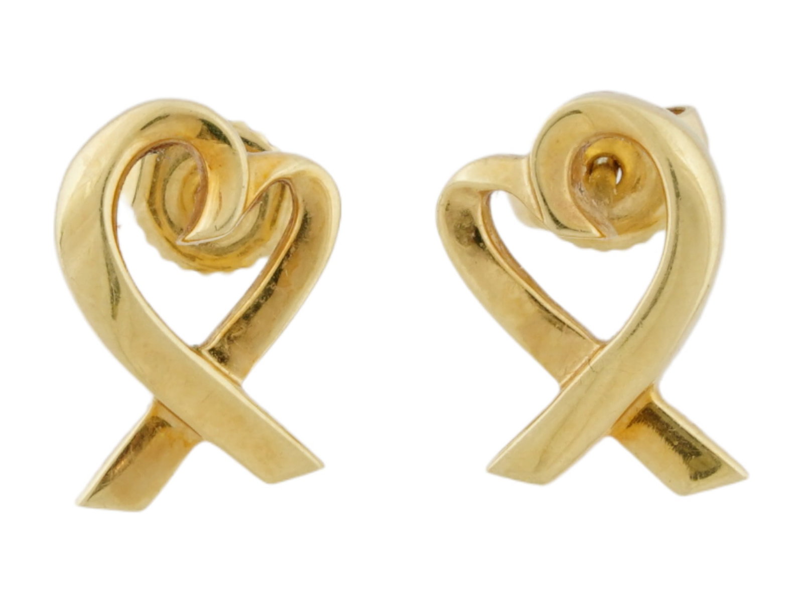18K GOLD ELSA PERETTI TIFFANY AND CO HEART EARRINGS: A pair of 18K Gold Tiffany and Co Elsa Peretti earrings designed by Elsa Peretti. The earrings are made in a shape of an open heart. Marked with a Gold hallmark, a T and Co mark, and copyright Peretti