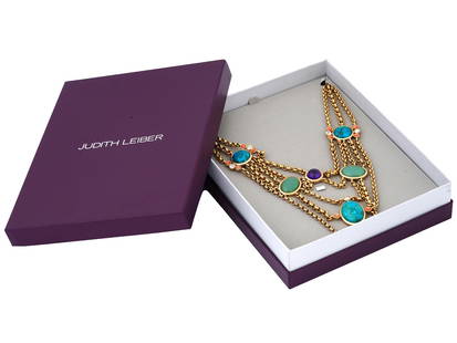 JUDITH LEIBER SHEBA GOLD PLATED COLLAR NECKLACE: An impressive vintage 24K gold-plated metal Sheba collar necklace by Judith Leiber, set with cabochon cut semi precious stones and Swarovski crystals. Comes with its original branded box, the label is