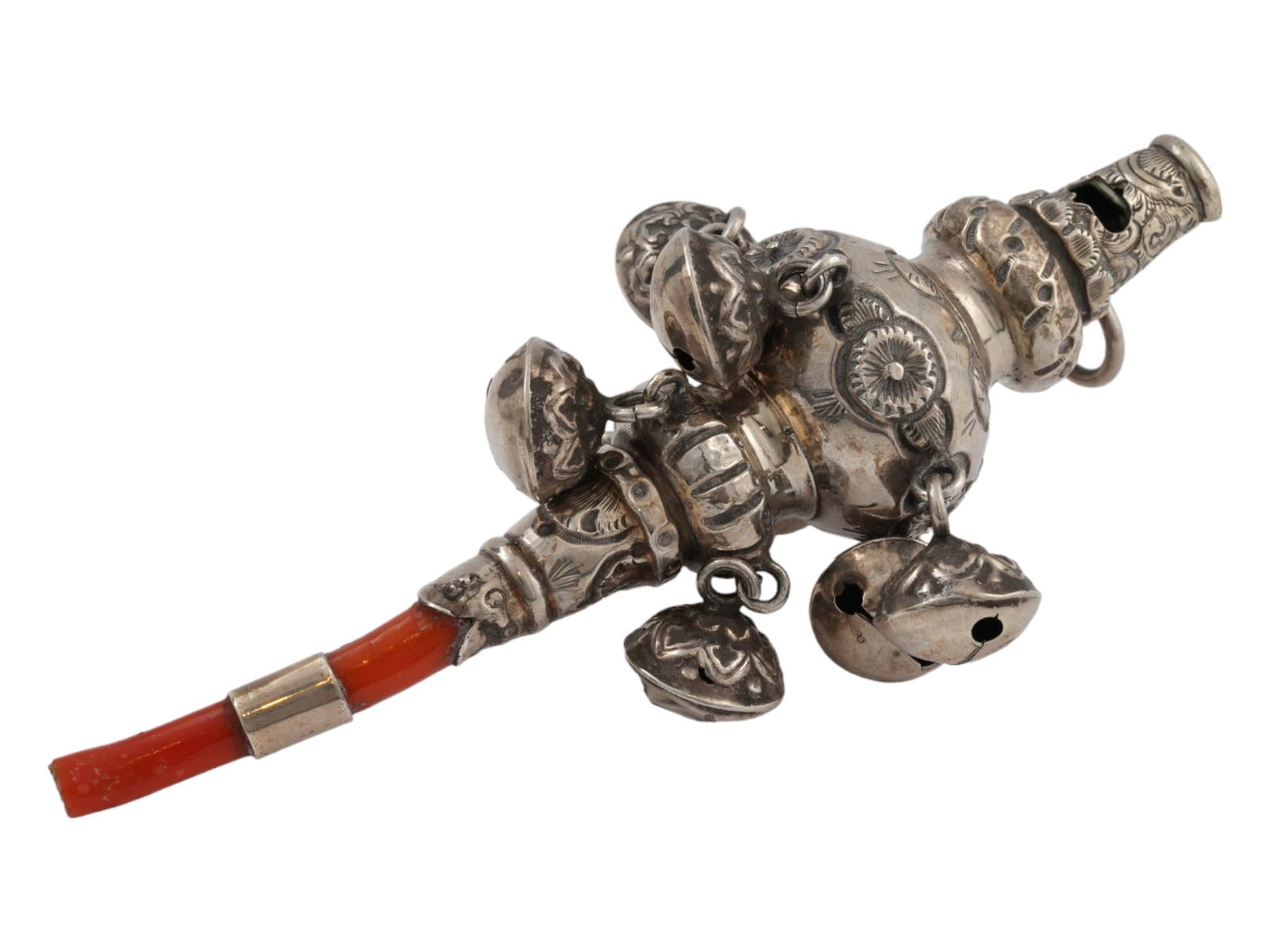 ANTIQUE VICTORIAN SILVER CORAL BABYS WHISTLE RATTLE (1 of 7)