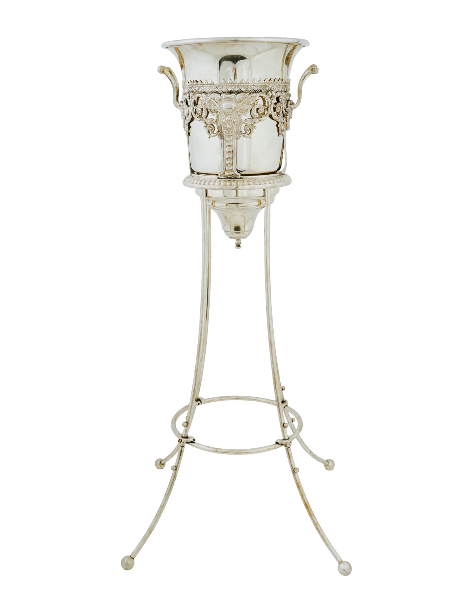 ANTIQUE GERMAN WMF SILVERPLATE WINE COOLER WITH STAND: An antiuqe late 19th to early 20th-century silver-plated wine cooler by WMF, The Wurttembergische Metallwarenfabrik, a German metalware brand founded in 1853. Taper-shaped ice bucket with everted rim 
