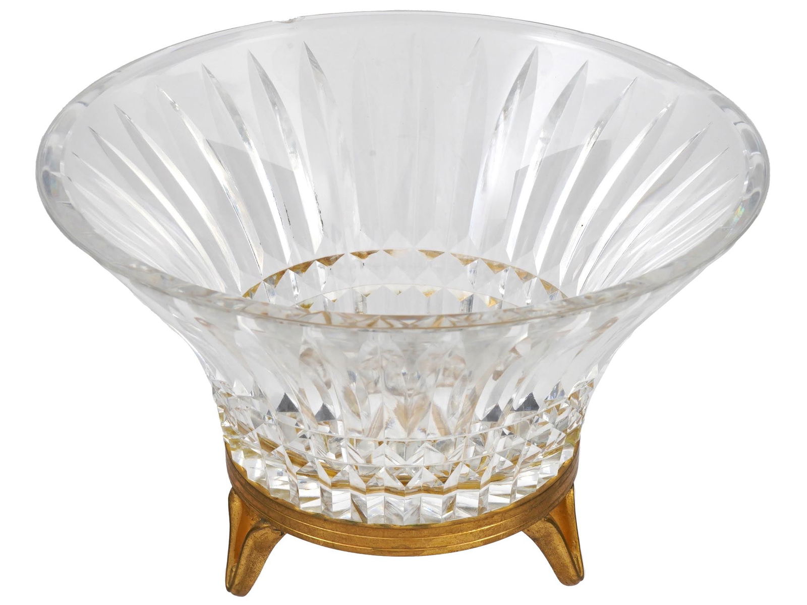 CRYSTAL CENTERPIECE FRUIT BOWL WITH BRONZE STAND: An early to mid-20th centruy cut crystal centerpiece or fruit bowl. Taper shape. The piece rests on a footed gilt bronze stand. Collectible Glassware, Tableware And Serveware, Decor. Dimensions: H 6 1