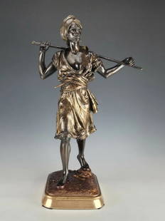 ANTIQUE 19 C EMILE PINEDO FRENCH ORIENTALIST BRONZE: An antique French late 19th century Orientalist bronze by Emile Pinedo, French, 1840 to 1916, titled: Arabe en Marche or Walking Arab. The sculpture depicts an Arab man wearing a turban and a robe wit