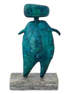 SPANISH PATINATED BRONZE SCULPTURE BY JOAN MIRO: Joan Miro, Spanish, 1893 to 1983, limited edition turquoise green patinated bronze sculpture, Character, after the original sculpture, 1970. Signed and numbered 3 of 9, on the sculpture. Circa: the la