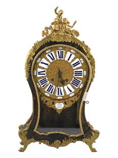 ANTIQUE FRENCH ROCOCO BOULLE INLAID CLOCK CA 1890: A fine and intricately detailed French violin-shaped ormolu mounted mantel clock with Boulle marquetry decoration, the dial with enameled Roman numerals. Marked, Julien Le Roy A PARIS, below the dial.