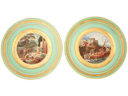 ANTIQUE ROYAL VIENNA GILT PORCELAIN ODYSSEY PLATES: Two antique Royal Vienna gilt and hand painted porcelain plates, featuring scenes from the Odyssey, representing exquisite examples of fine porcelain artistry. Royal Vienna porcelain is renowned for i
