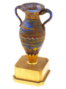 ANCIENT GREEK HAND ENAMEL AMPHORISKOS PERFUME BOTTLE: An ancient Greek core formed glass amphoriskos perfume bottle used to hold perfumed oil. The perfume bottle is adorned with hand enameled wavy and geometrical patterns, a featuring a pair of curved ha