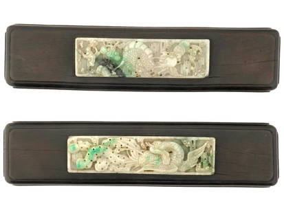 CHINESE HAND CARVED JADE AND WOODEN SCROLL RESTS: A pair of Chinese hand carved wooden scroll rests. The wares are adorned with hand carved Jade images of a phoenix bird. Circa: the first half of 20th century. Provenance: Freemans auction, March 20,