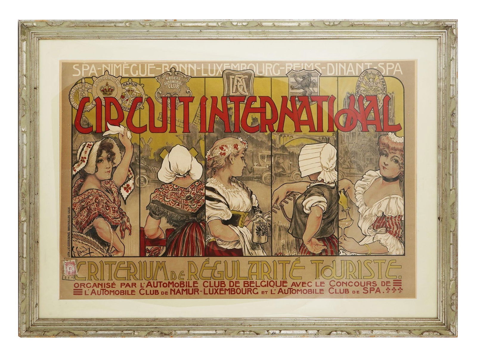 ORIGINAL AUTOMOBILE CLUB POSTER BY GEORGES GAUDY: Georges Gaudy, Belgian, 1872 to 1940, an original antique lithographic poster on linen, Circuit International Automobile Club De France Art Nouveau poster Inventive art for this race event taking plac