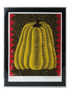 JAPANESE YELLOW PUMPKIN LITHOGRAPH BY YAYOI KUSAMA: Yayoi Kusama, Japanese, American, born 1929, color lithograph on paper, Pumpkin, 1982. Signed, and dated in pencil, lower right. Titled with Calligraphy in pencil, lower to the center. Numbered 33 of