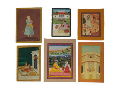 ANTIQUE INDIAN MUGHAL EMPIRE MINIATURE PAINTINGS: A lot of antique Indian miniature paintings. Late Mughal Empire period, 18th to 19th century. Watercolor on paper. A total of 6 pieces created by artists of various painting schools. Rajasthani Kota