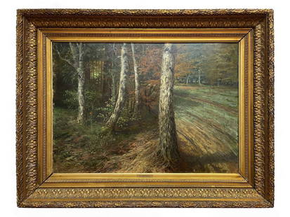 ANTIQUE 19TH C RUSSIAN OIL PAINTING BY IVAN VELTZ: Ivan Augustovich Veltz, 1866 to 1926, oil on canvas laid on cardboard Romanticism painting depicting a forest landscape. Housed in an old richly decorated gilt wood and gesso frame with an artists