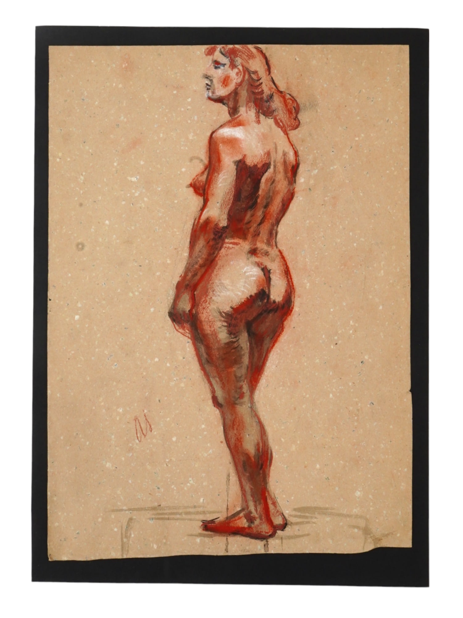 RUSSIAN MIXED MEDIA PAINTING BY ALEXANDER YAKOVLEV: A black and white chalk and red sanguine on paper drawing by Alexander Evgenievich Yakovlev. The artwork depicts a standing young nude woman of a thick build with her arms down. Signed with initials l