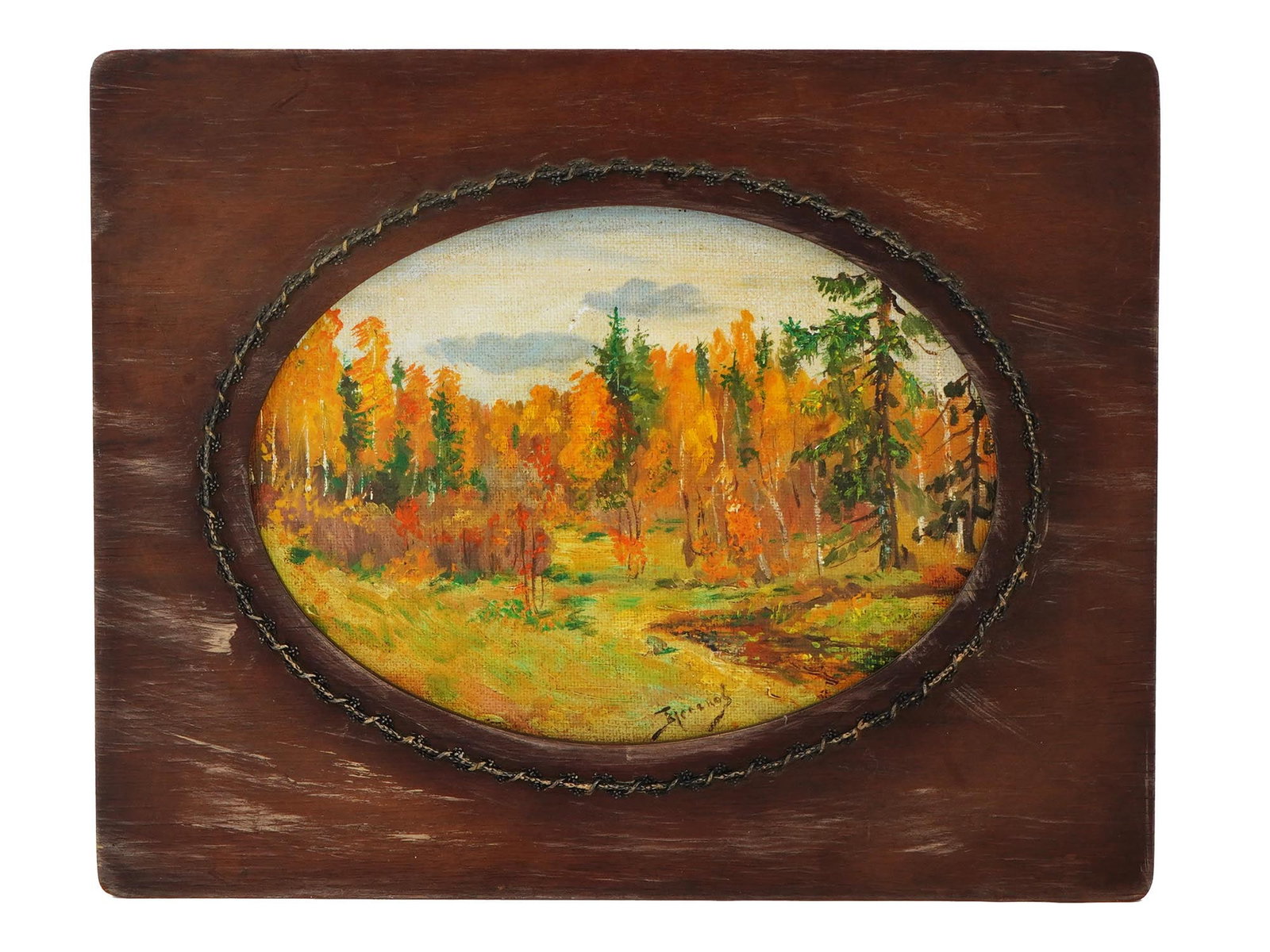 RUSSIAN LANDSCAPE OIL PAINTING BY VASILY POLENOV: Oil on board painting by Vasily Polenov, 1844 to 1927, a Russian landscape painter associated with the Peredvizhniki movement of realist artists. The artwork is a sketch of an autumn forest view. Sign