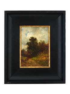 RUSSIAN OIL PAINTING ATTR TO IVAN POKHITONOV: Ivan Pokhitonov, Russian, 1850 to 1923. Ivan Pavlovich Pokhitonov - painter, master of the landscape, Member of the Peredvizhniki movement. He studied in Paris with the landscape painter A.P. Bogolyub