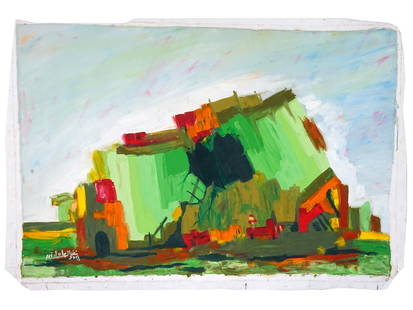 LEBANESE ABSTRACT LANDSCAPE OIL PAINTING BY EL FAYAD: Oil on canvas painting by El Fayad, a contemporary Lebanese artist. The artwork represents an abstract view of a town or fortress with a mosque. Signed by the artist and dated 2018 in the lower left.