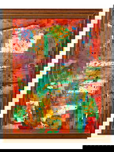 ABSTRACT AMERICAN OIL PAINTING BY SAM LEWIS FRANCIS: Sam Lewis Francis, American, Japanese, French, 1923 to 1994, oil painting on board depicting an Abstract Expressionist composition. Signed lower left. Framed. Sam Francis is known for Splatter-stain i