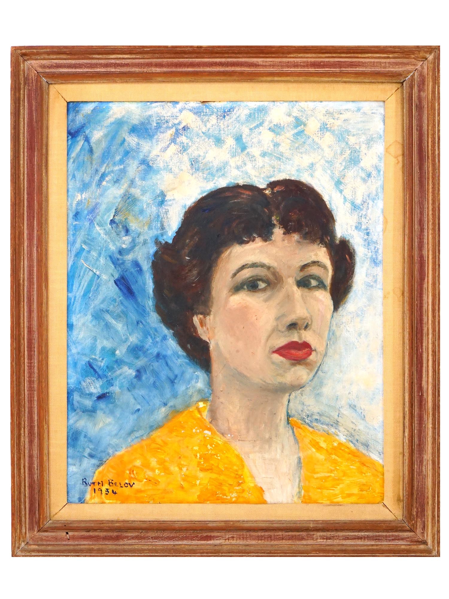 MID CEN AMERICAN PORTRAIT OF RUTH BELOV OIL PAINTING: A Mid century American School oil painting on masonite depicting portrait of Ruth Belov Gross, 1954. Signed and dated, lower left. Framed. Stamped on the backside. Ruth Gross is an American writer. Sh