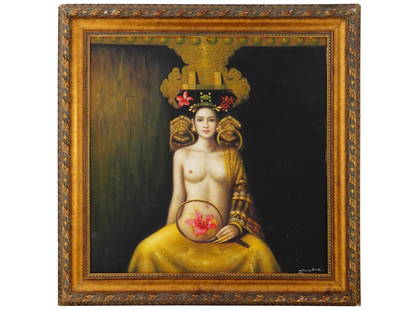 SIGNED CONTEMPORARY ASIAN SURREAL OIL PAINTING: A surreal oil painting on canvas. The beautiful painting depicts a half naked lady of Asian appearance sitting in front of a large gate. The dragon scale pattern from the gatekeepers gold skirt contin