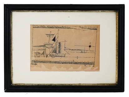 MODERNIST AMERICAN SAILBOAT DRAWING LYONEL FEININGER: Lyonel Charles Feininger, German American, 1871 to 1956, ink drawing on paper depicting a sailboat, circa the 1940s. Signed lower left. Matted and framed. Lyonel Feininger was a painter and a leading