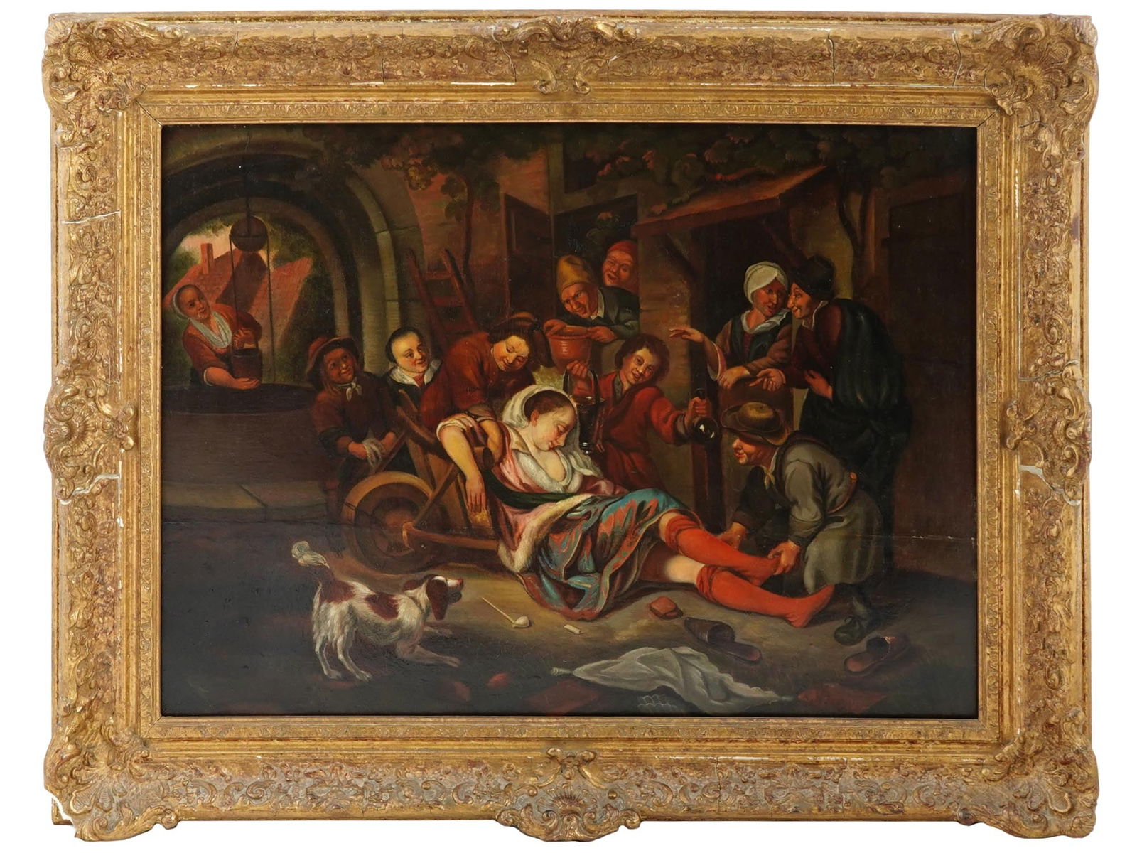 DUTCH SCHOOL SCENE OIL PAINTING AFTER JAN H STEEN: A vintage oil painting on board depicting an interior genre scene after the original oil painting on canvas, Wine is a Mocker, c. 1668 to 70, by Jan Havickszoon Steen, c.?1626 to 1679. Inscribed, Stee