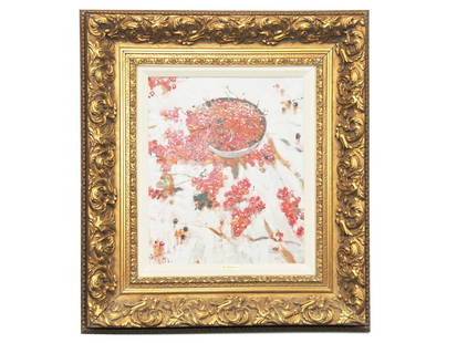 MICHAEL ABAKUMOV RUSSIAN STILL LIFE OIL PAINTING: Michael Georgievich Abakumov, Russian, 1948 to 2010, an oil on canvas painting depicting still life with berries, 1994. Signed and dated lower left. Housed in a richly decorated gilt wood and gesso fr