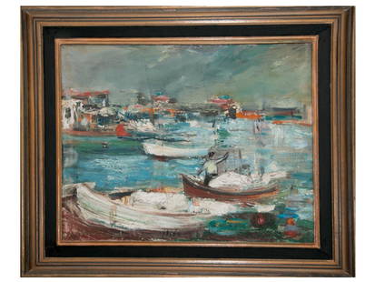 MID CENTURY OIL PAINTING BY HAIM SAVITZKY: Haim Savitzky, Russian, Israeli, 1907 to 2014, an Expressionist oil on canvas painting, Fishing boats in Jaffa port, circa 1950s. Signed lower center, also inscribed verso. Framed. Note: During