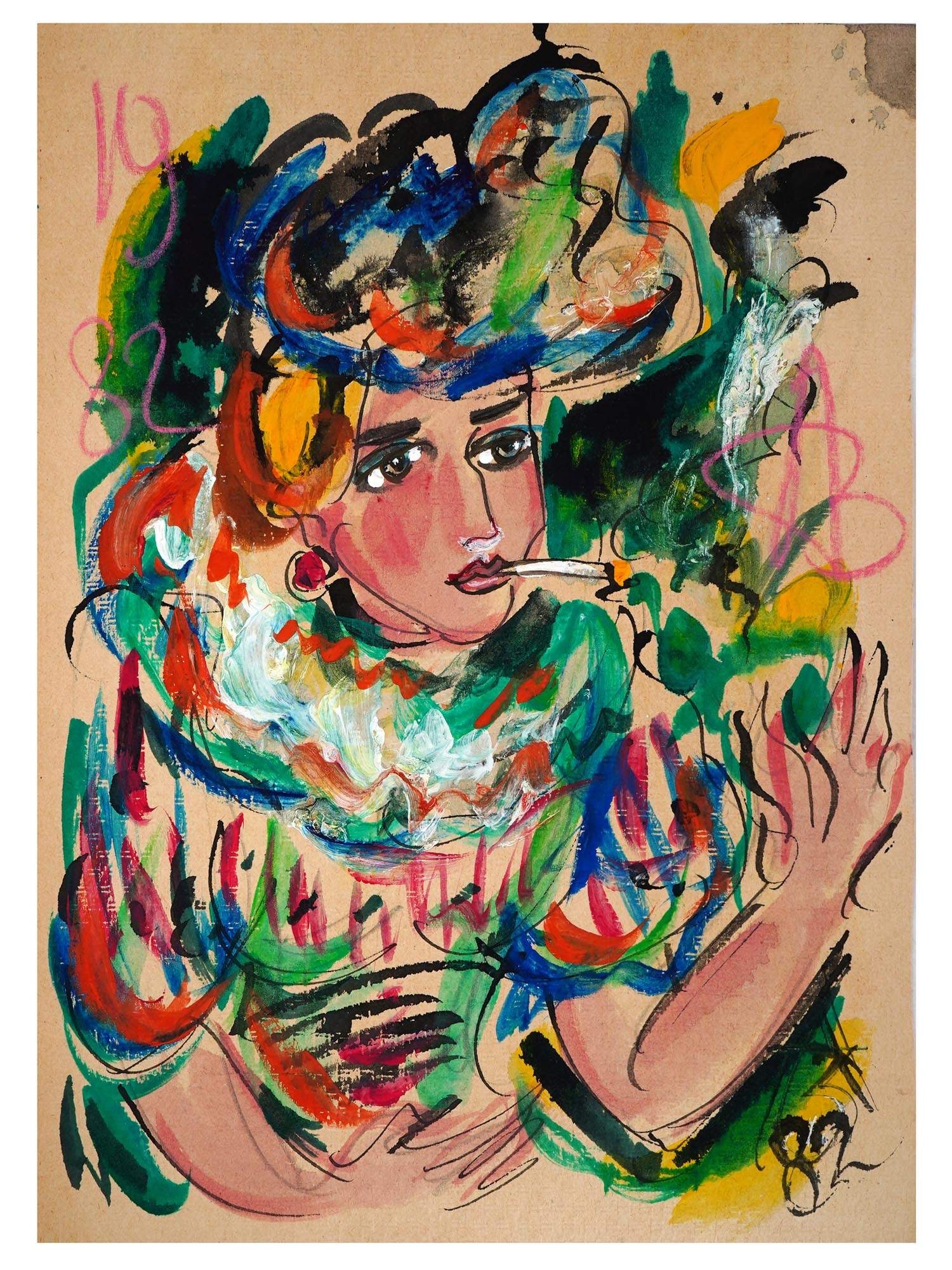RUSSIAN PAINTING ON PAPER BY ANATOLY ZVEREV: A mixed media on paper painting depicting a female portrait with a cigarette by Anatoly Timofeivich Zverev, Russian Soviet, 1931 to 1986. Signed with initials and dated 1982. Anatoly Zverev, a Nonconf