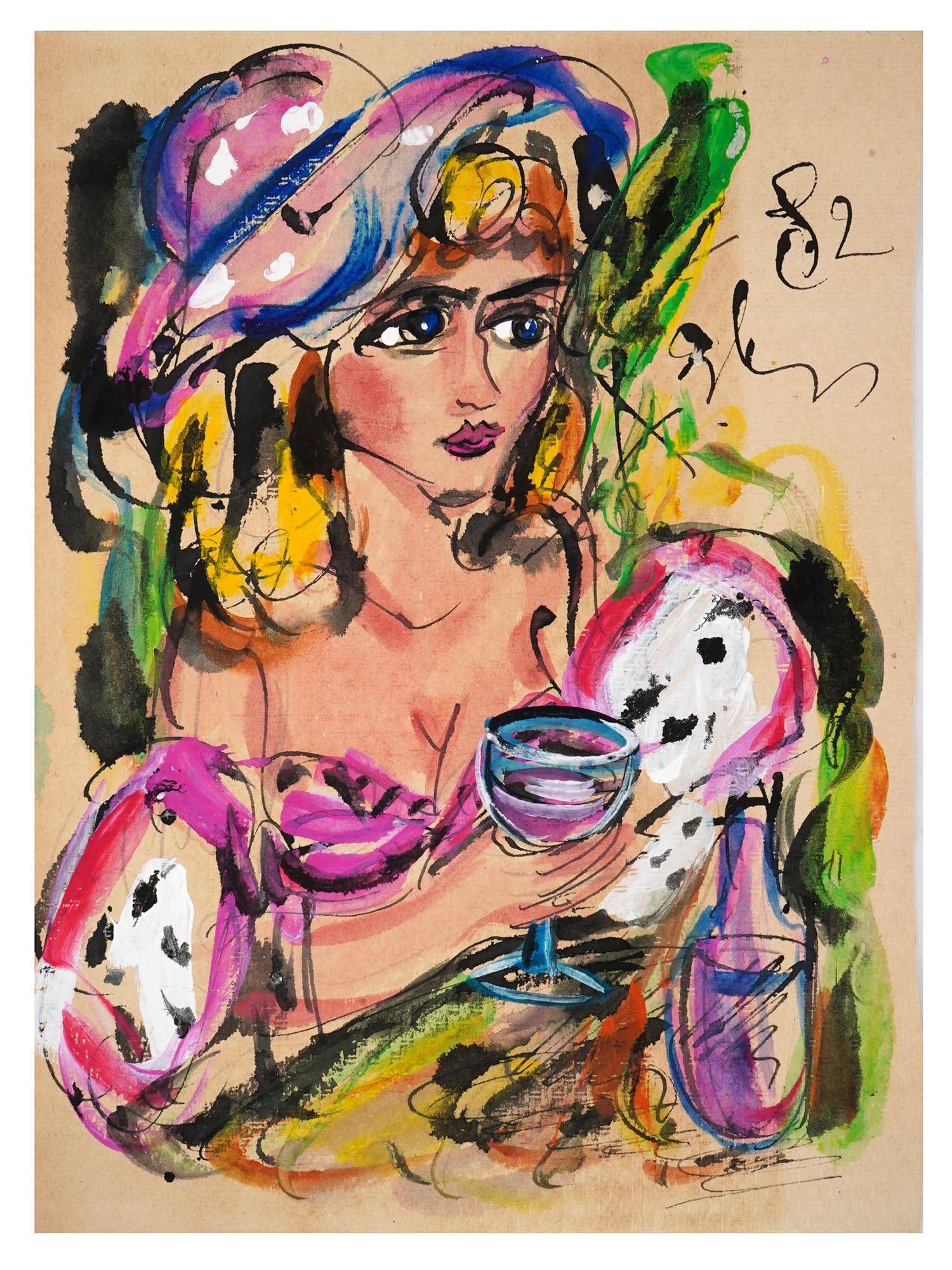 RUSSIAN PAINTING ON PAPER BY ANATOLY ZVEREV: A mixed media on paper painting depicting a female portrait in a purple hat with a glass of red wine by Anatoly Timofeivich Zverev, Russian Soviet, 1931 to 1986. Signed with initials and dated 1982. A