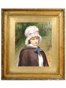 CHARLES SILLEM LIDDERDALE WATERCOLOR PAINTING 1883: Charles Sillem Lidderdale, English, 1831 to 1895, a Victorian watercolor on paper painting depicting a young girl in a wooded landscape, wearing a white mob cap with a pink bow, 1883. Painted in a