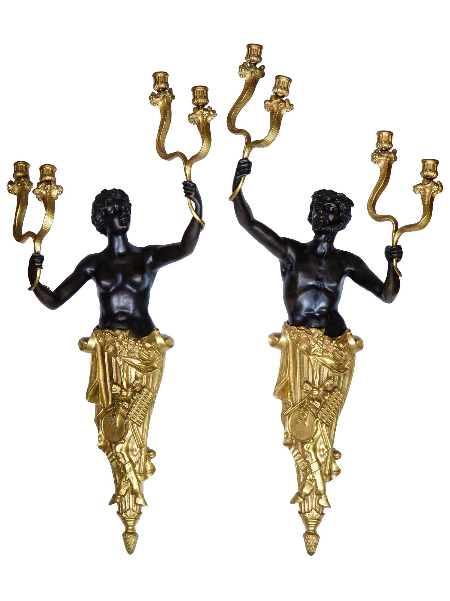 ANTIQUE 19 C FRENCH EMPIRE BRONZE FIGURAL SCONCES: A pair of 19th century French Empire Louis XV style figural bronze wall sconces. The sconces are modeled as Bacchus and Ariadne figures in gilt and patinated bronze holding a pair of four light candle