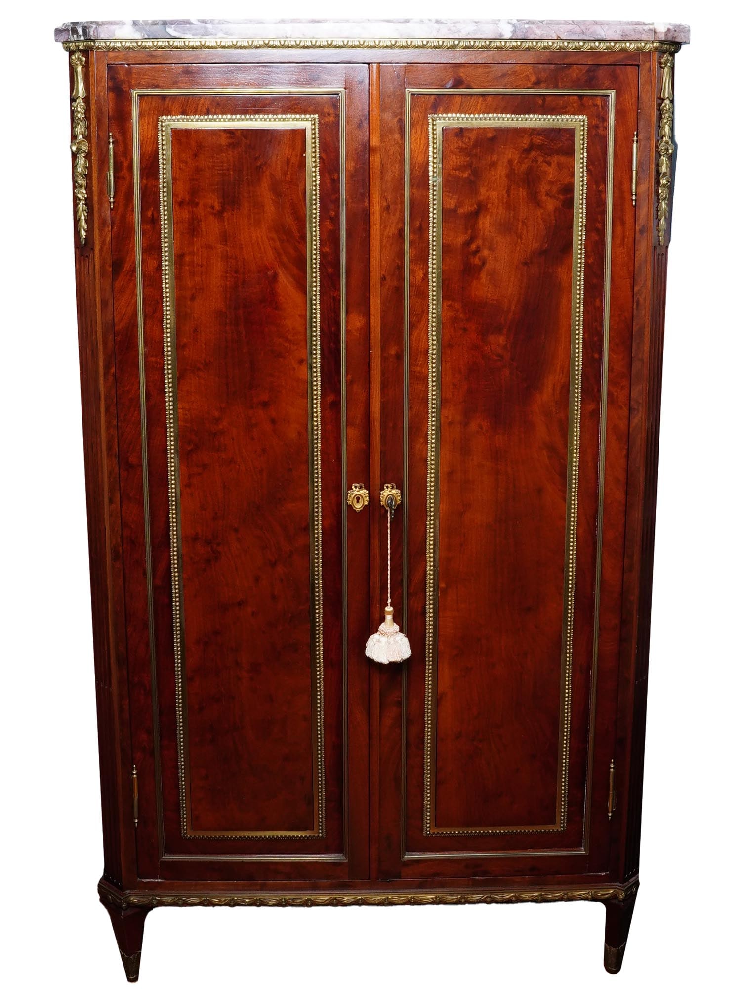 ANTIQUE RUSSIAN MARBLE WOOD ORMOLU CLOSET ORGANIZER: An elegant antique Louis XVI style mahogany wood cabinet or a closet organizer, featuring a beautiful veined pink marble top, the sides and doors are inset with the fabulous mahogany wood decorated wi