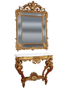 ANTIQUE LOUIS XVI GILTWOOD TABLE AND BRONZE MIRROR: An antique Louis XVI style console table exudes opulence with its exquisite craftsmanship and ornate details. The serpentine white marble top adds a touch of elegance to the piece and provides a