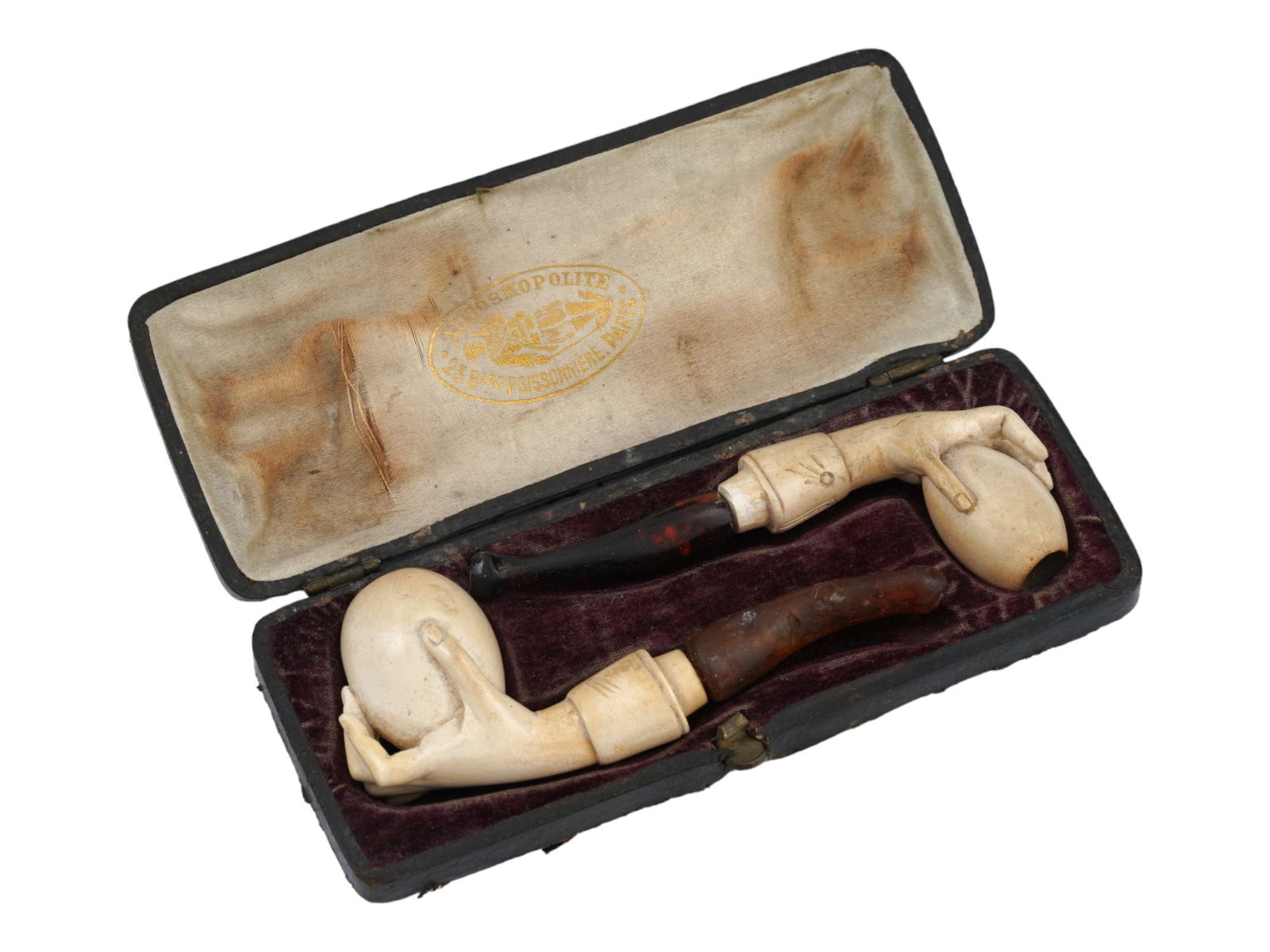 TWO ANTIQEU FRENCH CARVED MEERSCHAUM TOBACCO PIPES (1 of 10)