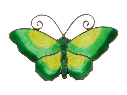DAVID ANDERSEN STERLING ENAMEL BUTTERFLY BROOCH: A large David Andersen Norway 925 Sterling Silver and enamel figural brooch. the brooch is made in a shape of a butterfly, and covered with enamel in green and yellow shades. marked with a standard St
