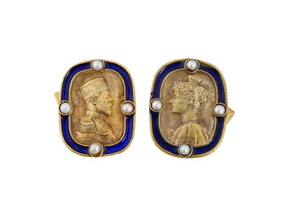 RUSSIAN SILVER ENAMEL PEARL NICHOLAS II CUFFLINKS: A pair of Russian gilt silver cufflinks decorated with hand engraved images of Emperor Nicholas II and Empress Alexandra. Each is surrounded by a cobalt blue enamel border and set with four pearls. Li