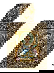 ANTIQUE RUSSIAN GILT SILVER ST VICTOR PENDANT ICON: A fine Russian gilt silver pendant with a polychrome cloisonne Orthodox icon of Holy Great Martyr Victor. The icon is enframed with intricate filigree ornaments. An embossed image of Jesus Christ garn