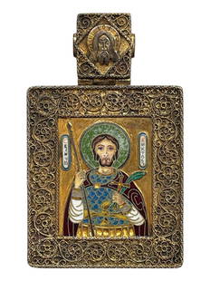 ANTIQUE RUSSIAN GILT SILVER ST VICTOR PENDANT ICON: A fine Russian gilt silver pendant with a polychrome cloisonne Orthodox icon of Holy Great Martyr Victor. The icon is enframed with intricate filigree ornaments. An embossed image of Jesus Christ garn