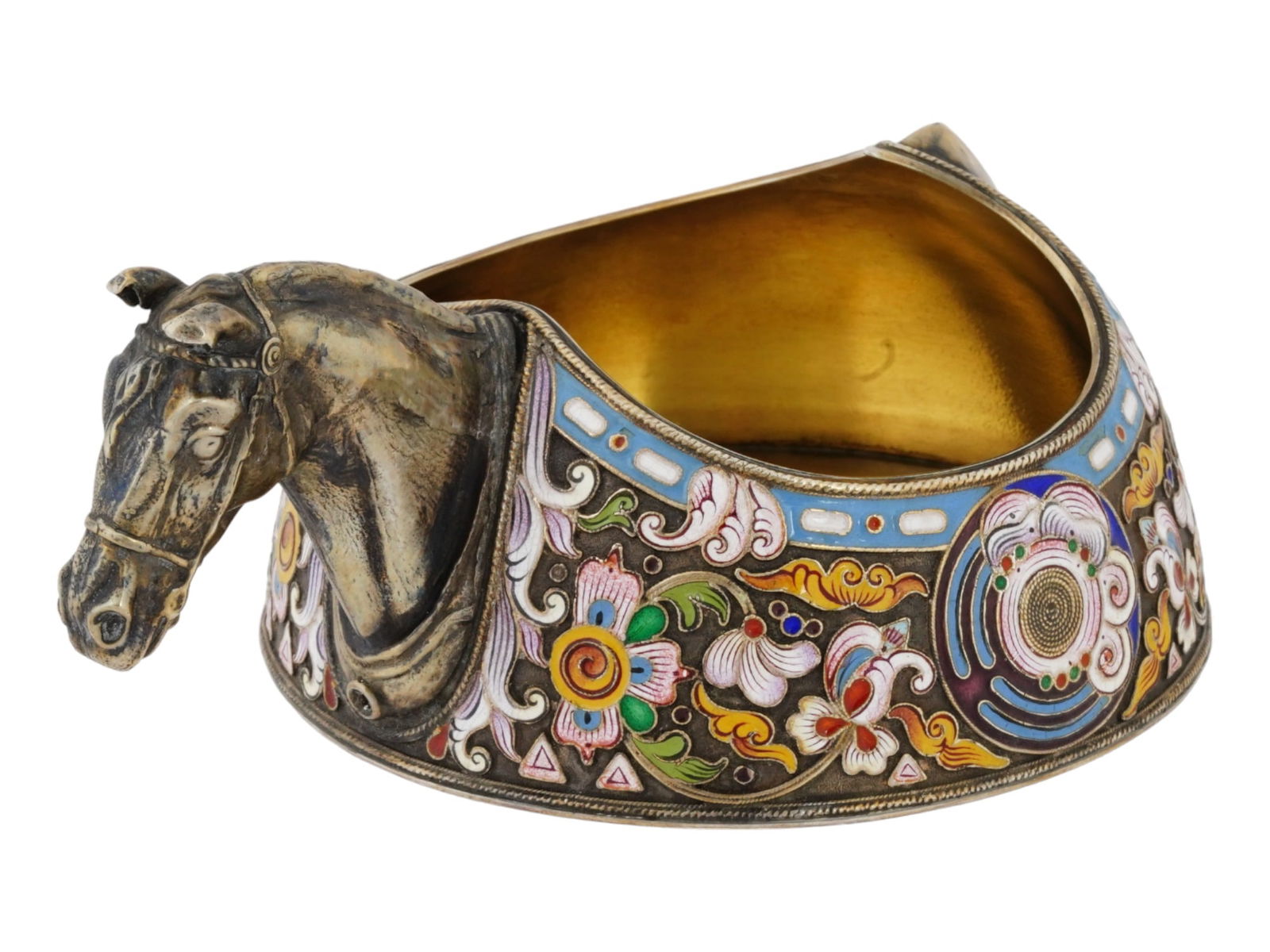 RUSSIAN GILT SILVER ENAMEL HORSE HANDLE KOVSH (1 of 11)