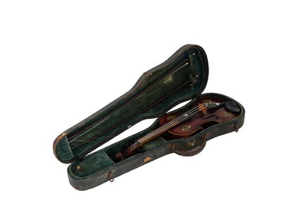 ANTIQUE VIOLIN MOTHER OF PEARL INLAY W TWO BOWS: An antique German violin, mother of pearl inlay with two bows, circa 1900. The violin is decorated with four yellow mother of pearl flowers on the front and a much more complex mother of pearl design