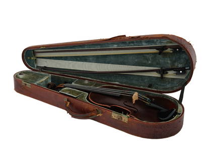 ANTIQUE FRENCH WOODEN VIOLIN BY BROTHERS PAILLIOT: An antique French wooden violin by brothers Pailliot. Marked with a paper label, Pailliot, A Paris inside. Presented with two fiddle bows and a case. Claude and Francois Pailliot were violin makers in